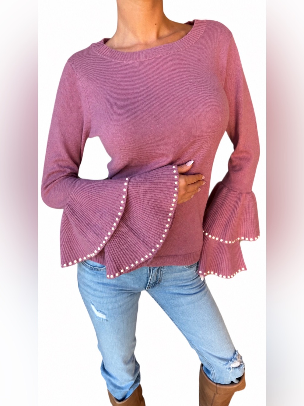In Cashmere Pearl-Trim Bell Sleeve Sweater